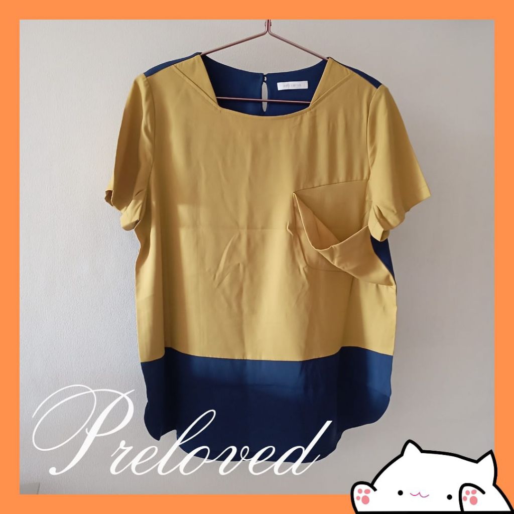 (preloved) baju blus atasan pakaian wanita dewasa fit to XL katun licin kuning kunyit kombinasi navy