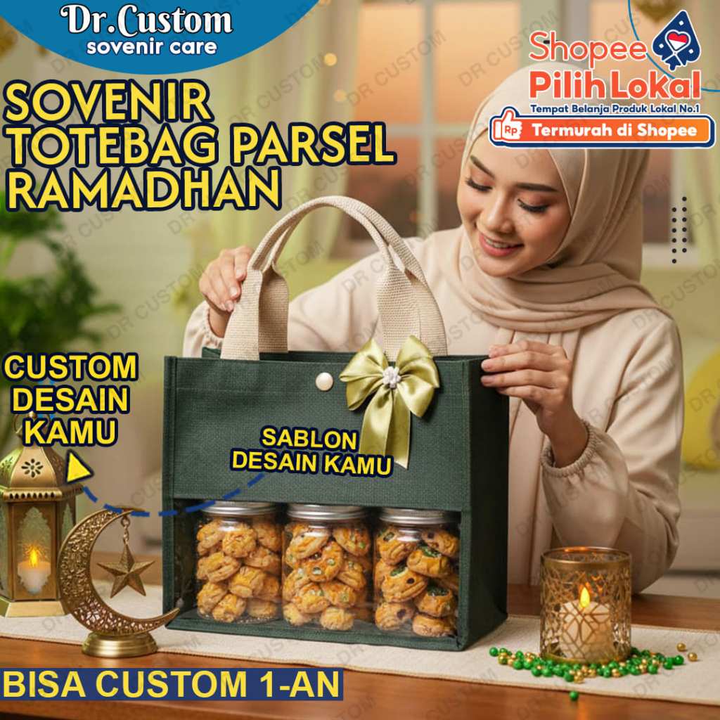 Tas Hampers Kanvas-Tas Totebag Custom Sablon-Tas Hampers Mika Custom-HIJAU + PITA