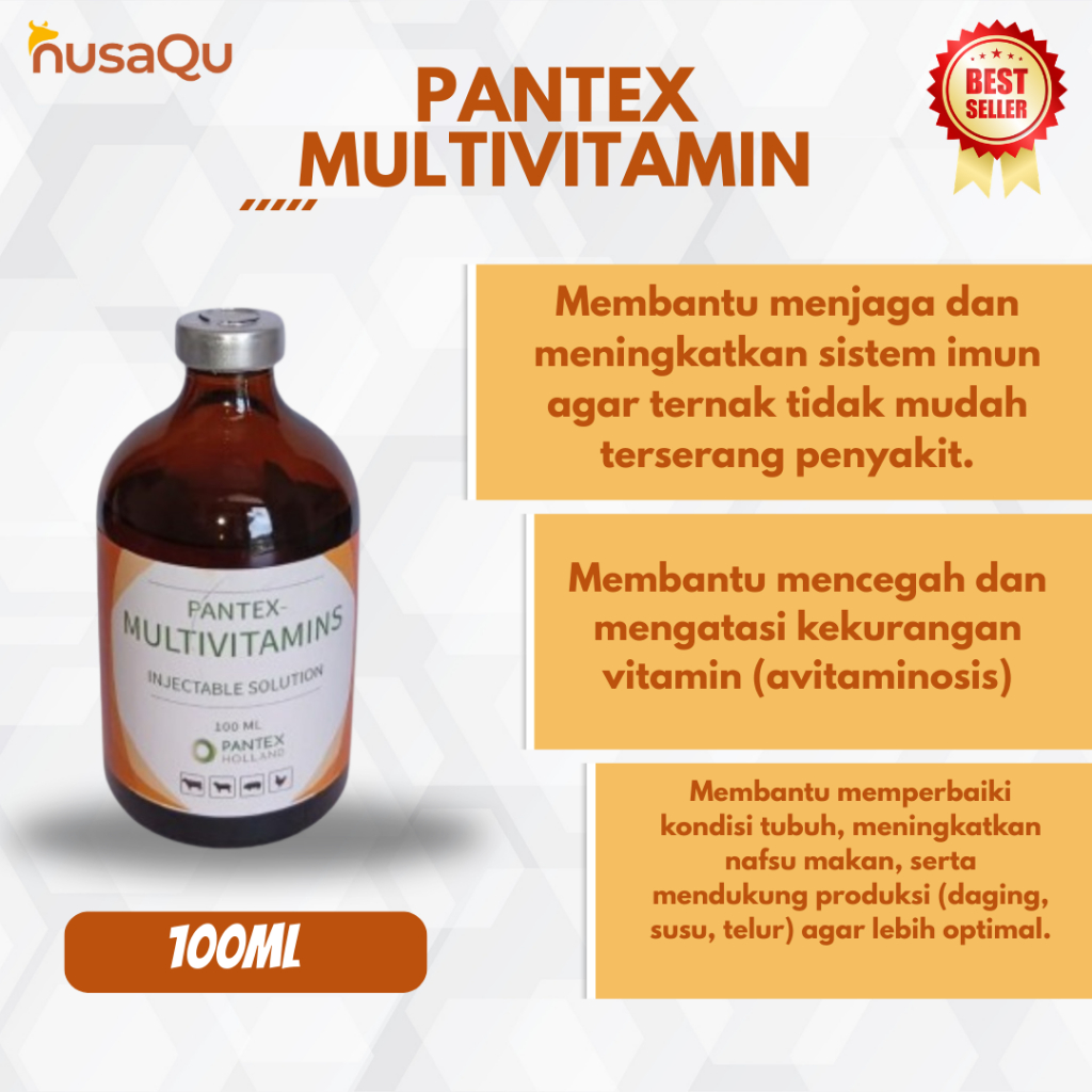 PANTEX MULTIVITAMIN 100 mL - Multivitamin Injeksi vit A D3 E B1 B6 C dan K3 Untuk Sapi Kambing Kuda 