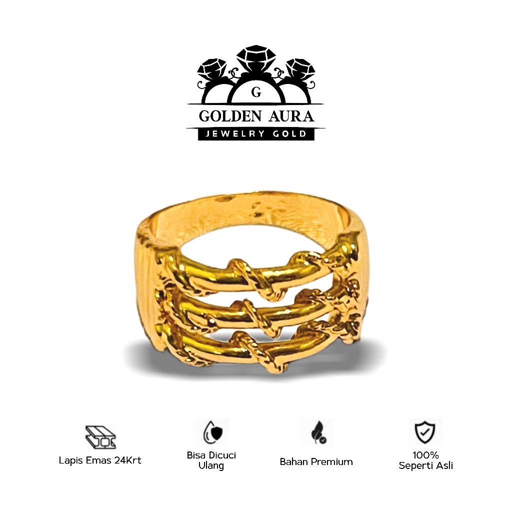 Cincin Pria Lapis Emas 24K Model Rantai Bertingkat Premium Ring Dewasa Elegan Bisa Dicuci Ulang 100%