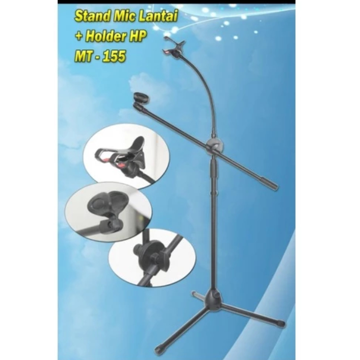 Stand Mic Lantai MT155 + Holder HP Kaki 3 Panjang 70-130cm Hitam Tidak Mudah Berkarat