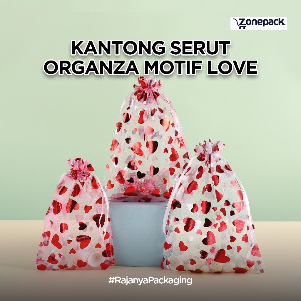 Kantong Serut Organza Motif Love| Organza Bag Kantong Serut Souvenir Nikahan/ Wedding, Acara Perhias