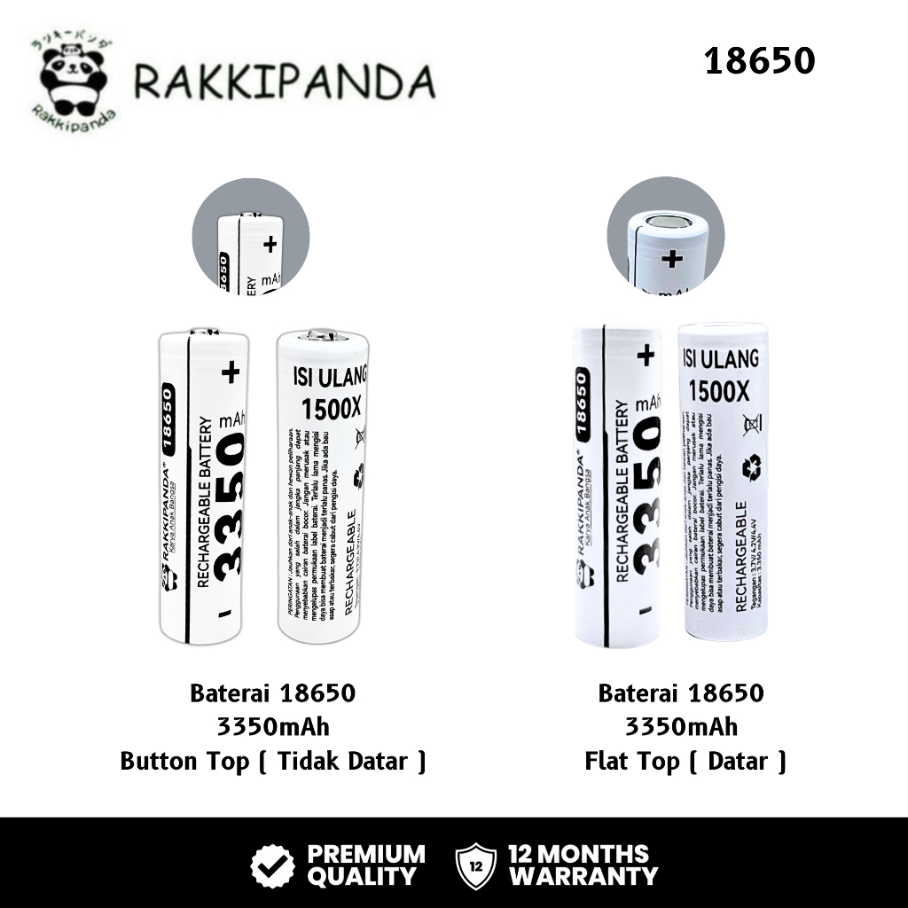 RakkiPanda - Baterai Cas 18650 Flat Top & Button Top 3350mAh