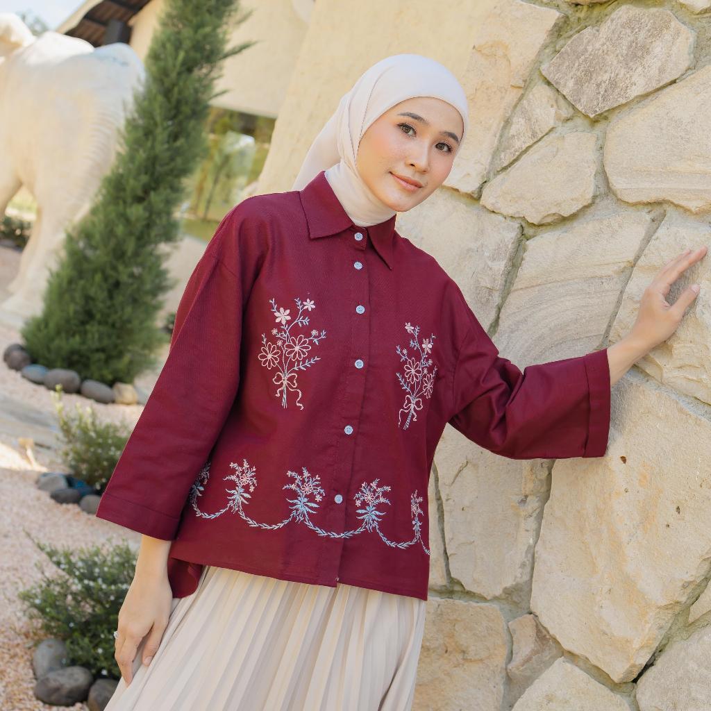 Keyra Boxy Shirt Maroon - Kemeja Boxy Wanita – Bordir Bunga Cantik - Warna Soft - Kemeja Wanita - Ke