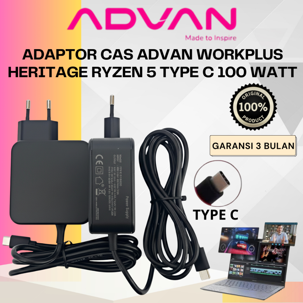 ADAPTOR CAS CHARGER LAPTOP ADVAN TYPE C 100W | ADVAN WORKPLUS HERITAGE RYZEN 5 GARANSI 3 BULAN