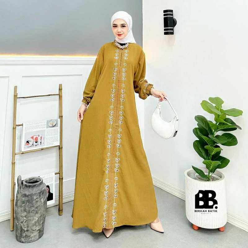 Gamis Wanita Bordir Crinkle Terbaru Bahan Crinkle Motif Bunga Dress Muslim Korean Style Kekinian