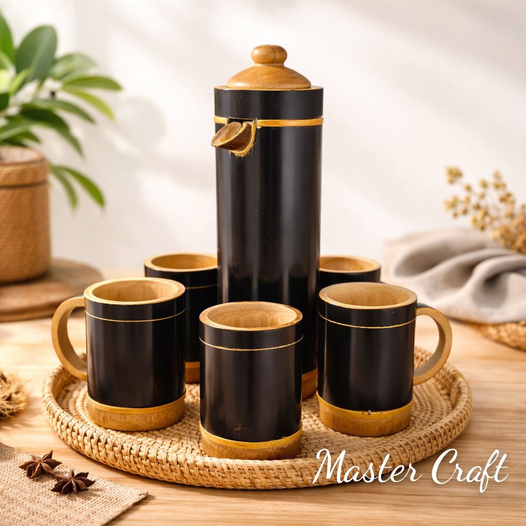 Set Teko & Gelas Bambu Hitam Asli Langka Premium - Handmade Natural Luxury - Peralatan Minum Estetik