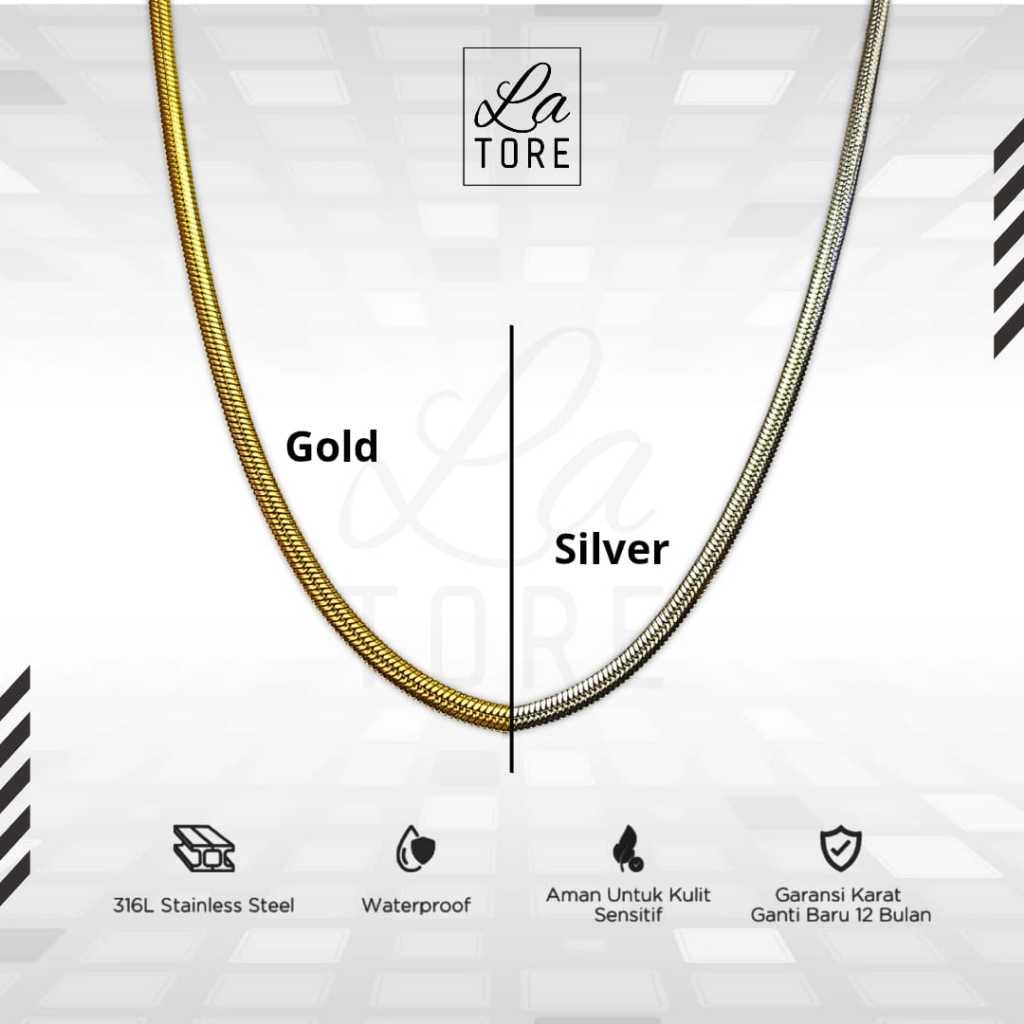 LATORE - Kalung Titanium Pria Wanita Anti karat Gepeng Lebar Silver Gold - Flat Kalung Titanium Eleg