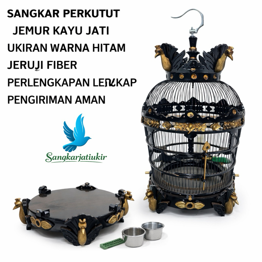Sangkar Jemur Perkutut Kayu Jati Ukiran Motif Merak Warna Hitam Kombinasi Gold Jeruji Fiber Fullset