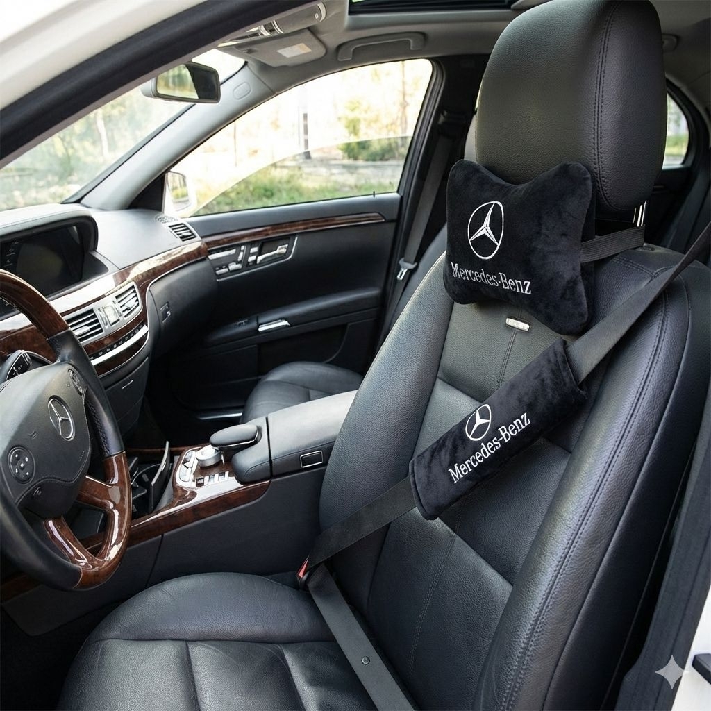 Bantal Mobil MERCY MERCEDES BENZ + Cover Seatbelt Bordir Komputer | Bahan Velboa Premium Isi Dakron 