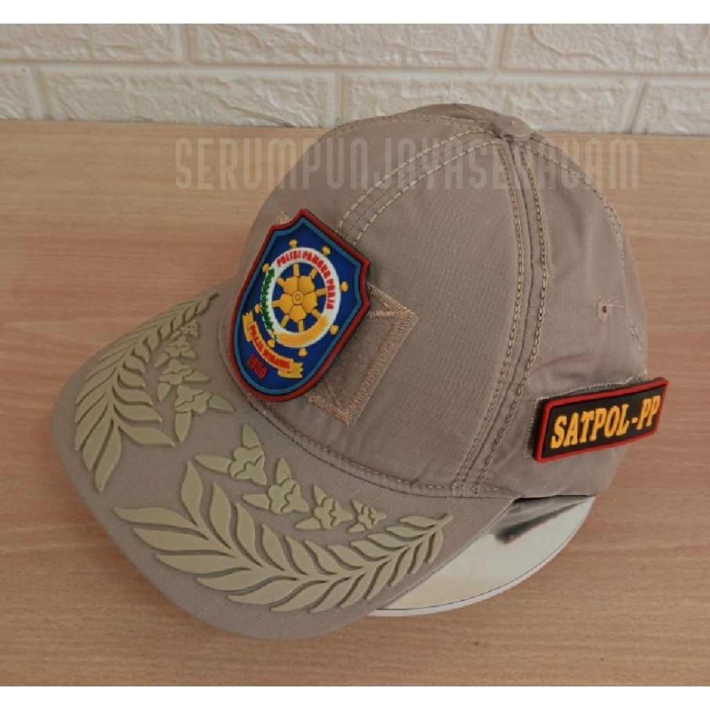 TOPI PAMEN SATPOL PP KREM LOGO BIRU 3 PATCH RUBBER - TOPI SATPOL PP LOGO BIRU PAMEN KREM PATCH RUBBE