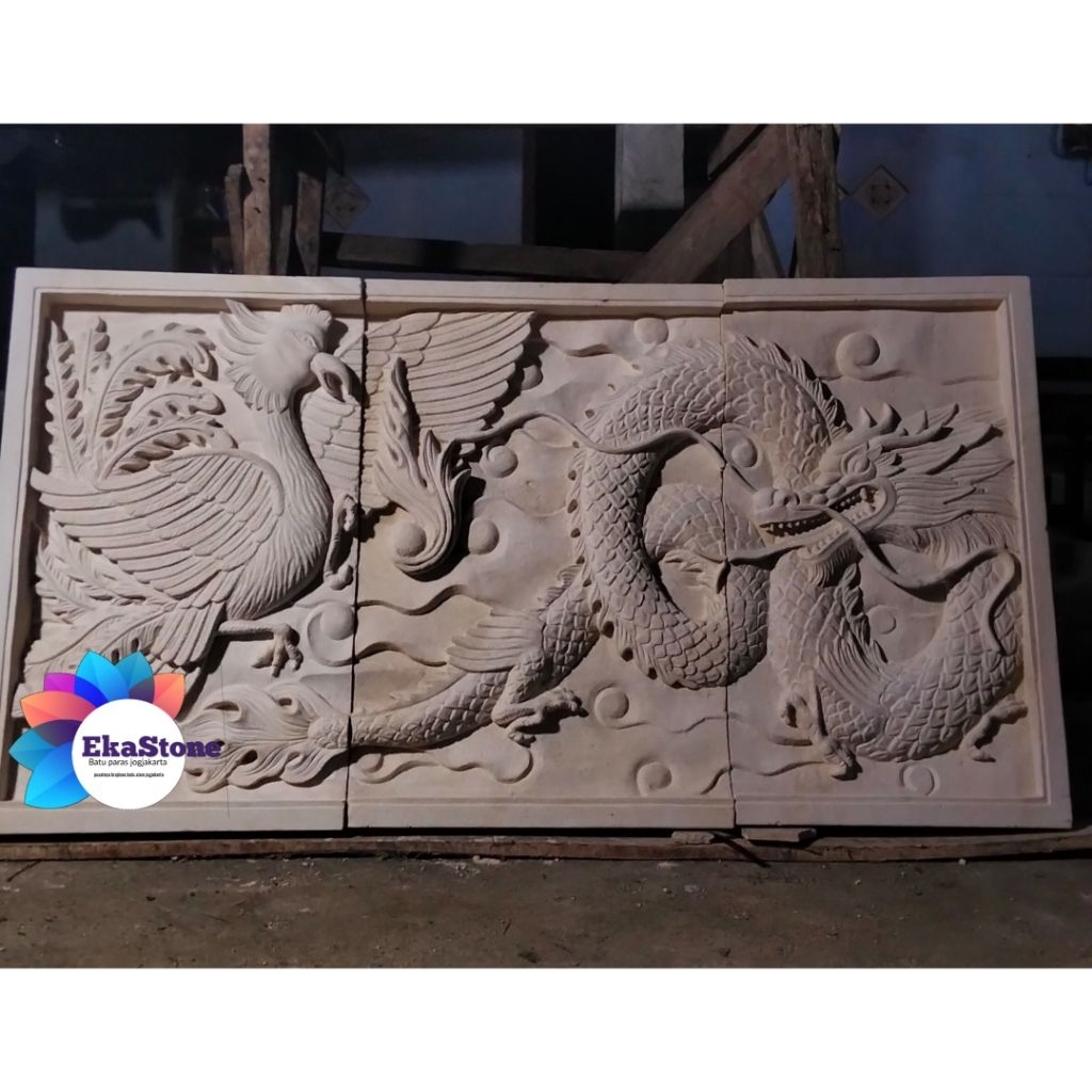 batu ukir relief dinding motif burung hog dan naga (uk T 100 cm x L 200 cm)
