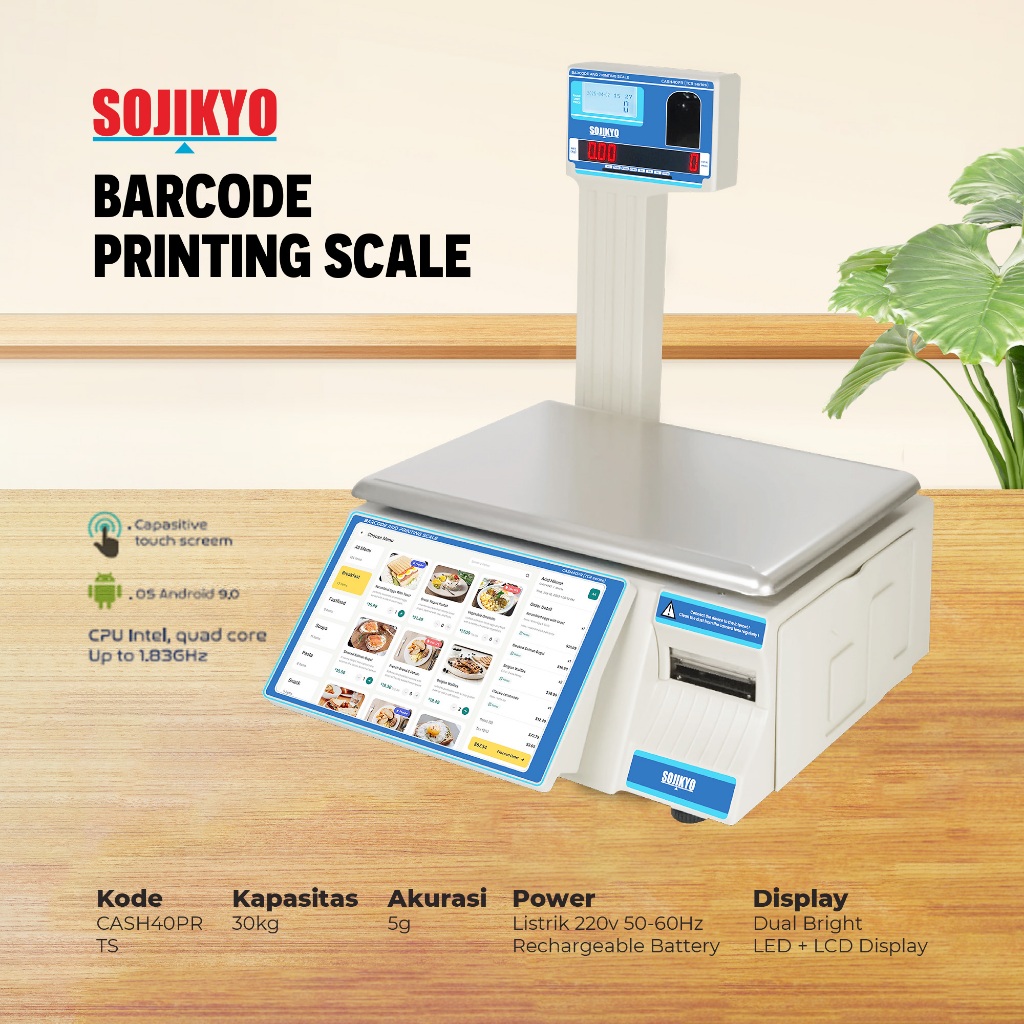 Sojikyo Timbangan Kasir Digital 30kg / Ritel Supermarket Buah Sayur Daging Ikan / Printing Label Har