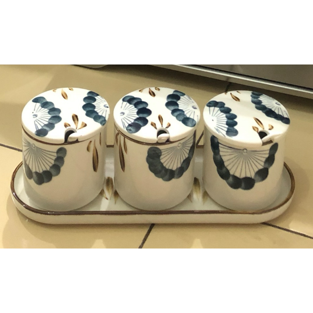 Informa Tempat Bumbu Keramik 3 Pcs + Sendok & Tatakan | Wadah Gula Kopi Teh Estetik | New