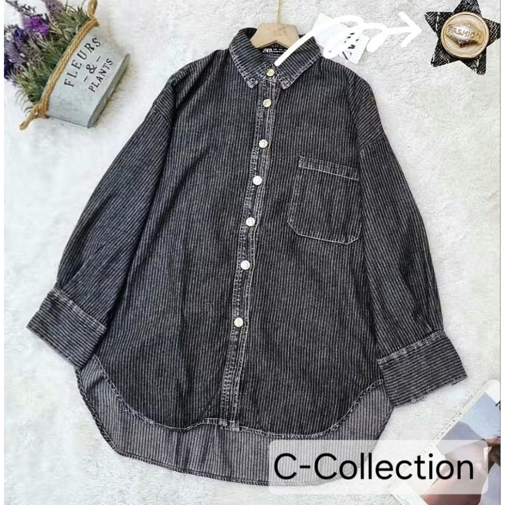 ATASAN KEMEJA JEANS WANITA ZARA MOTIF SALUR/KEMEJA WANITA OVERSIZE MODEL TERBARU