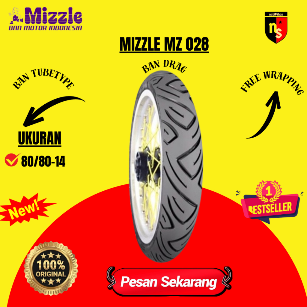 MIZZLE BAN DRAG UKURAN 80/80-14 RING 14 BAN CACING TUBETYPE NONTUBELESS MZ028