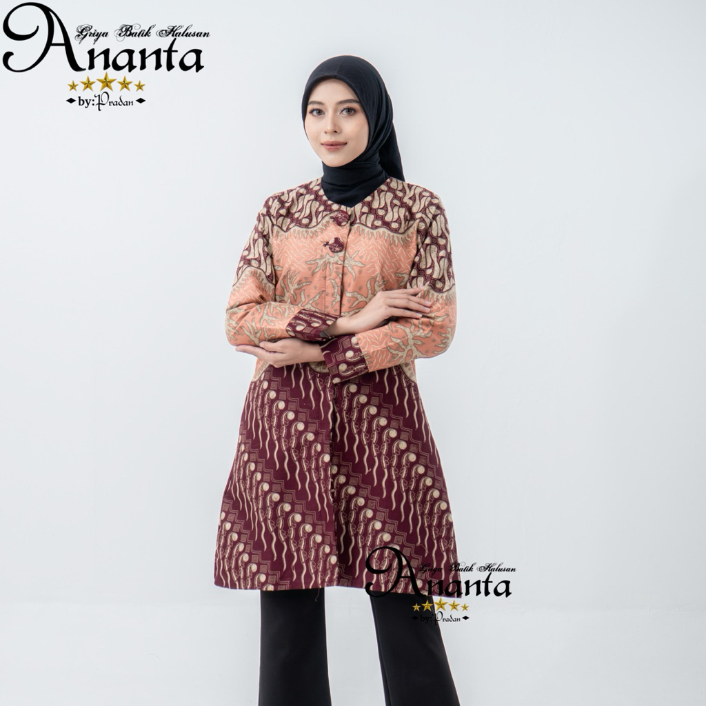 Batik Ananta Tunik Atasan Batik Wanita Modern Lapis Premium Tricot, 100% Katun Lengan Panjang Lapis 