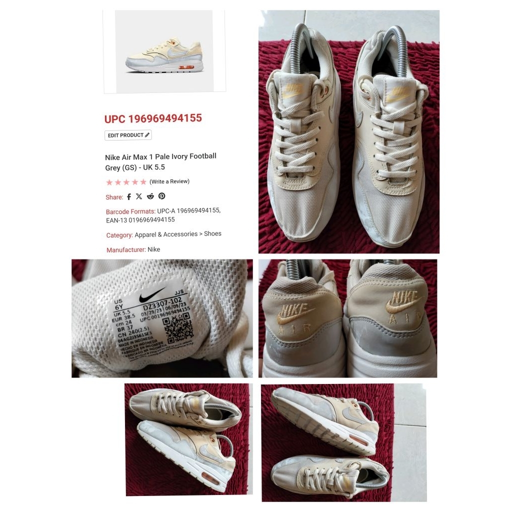 Sepatu Second Original Nike Airmax Max 1 Pale Ivory