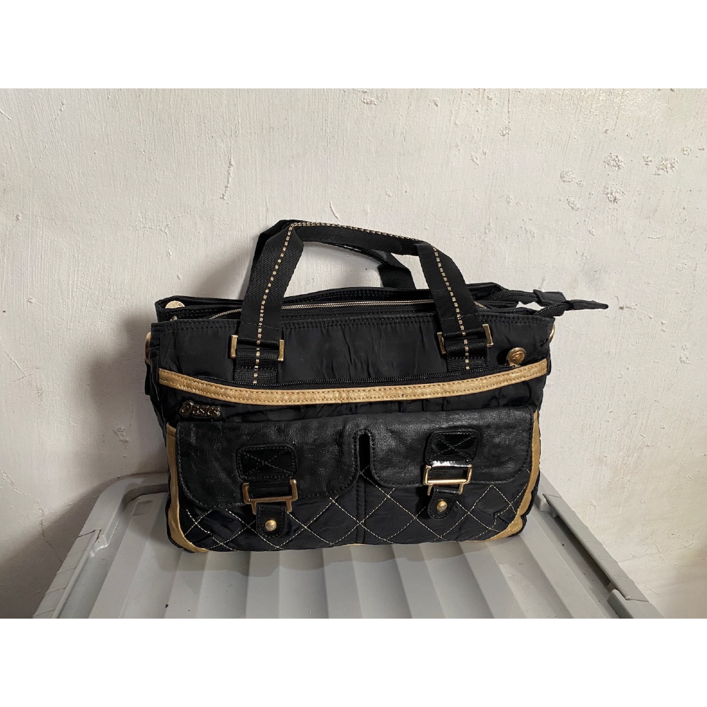 tas sling hand bag wanita cewe brand asics hitam canvas nylon preloved