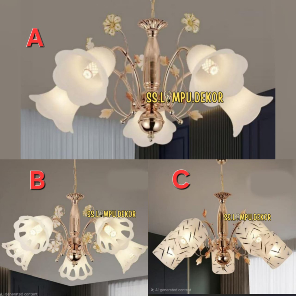 Lampu Gantung hias ruang tamu cabang 5 modern minimalis Model Terbaru Gold Kaca