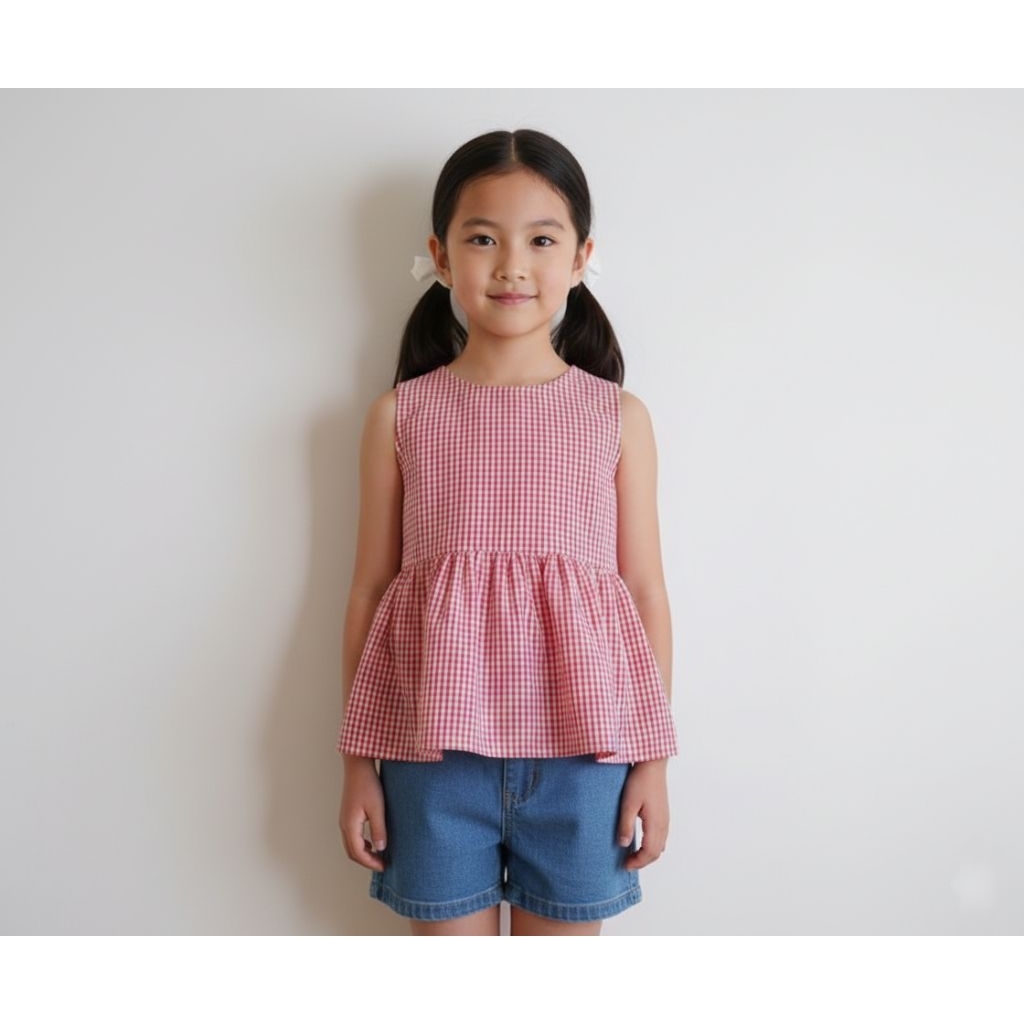 baju atasan peplum anak perempuan 6-8 tahun kotak kotak