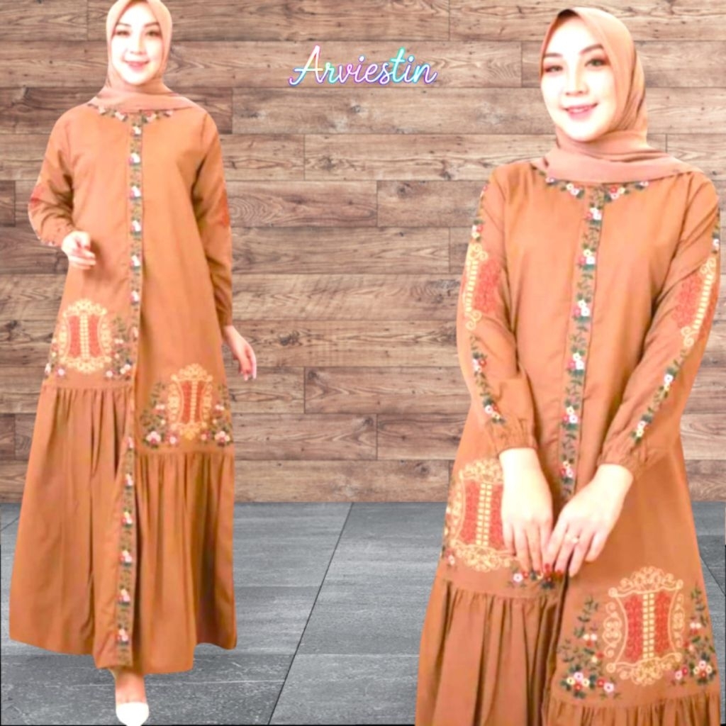 Arviestin - ( JUMBO ) Dress Gamis Muslim Amanda Bordiran Pintu Aceh Katun Toyobo Import