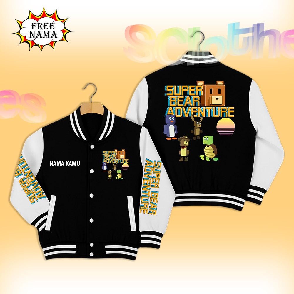 Jaket Varsity Baseball Anak Laki Laki & Perempuan Super Bear Adventure Beruang Rusa Penguin Kura-kur