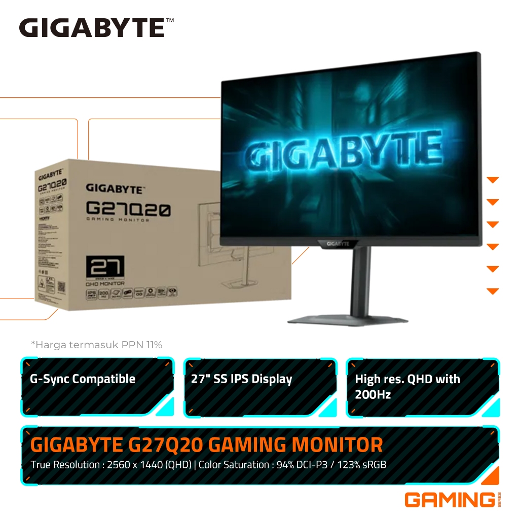 Gigabyte G27Q20 Gaming Monitor 27Inch SS IPS 2560 x 1440 QHD 200Hz 123% sRGB