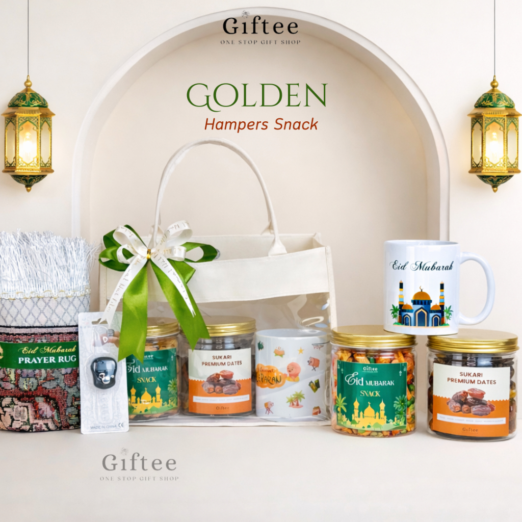 HAMPERS LEBARAN GOLDEN TAS JINJING MIKA SNACK SAJADAH MUG KURMA KADO IDUL FITRI PARCEL SOUVENIR