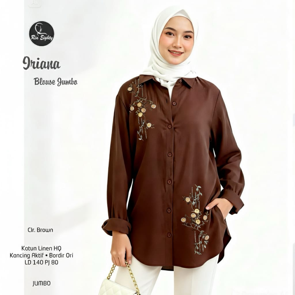 coklat mahogany Iriana Kemeja SUPER JUMBO LD 140 Blouse oversize bordir cantik / riaeighty