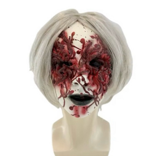 Topeng Zombie Wanita Seram Setan Rambut Putih – Latex Cosplay Halloween Masker Horor Realistis