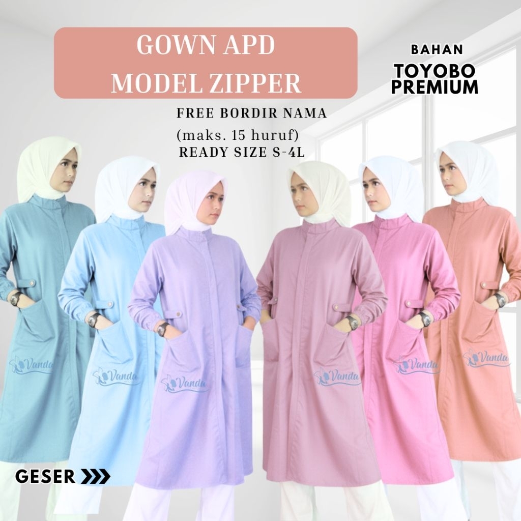 Gown Apd/Jas Lab Model Zipper Toyobo Premium Pastel Series Free Bordir Nama –Seragam Nakes/Perawat/D