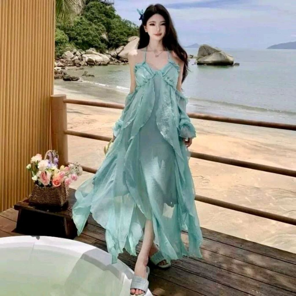 Dress Wanita turquoise hijau Party Dress Impor D1046  Elegan Ruffle Green Party beach dress