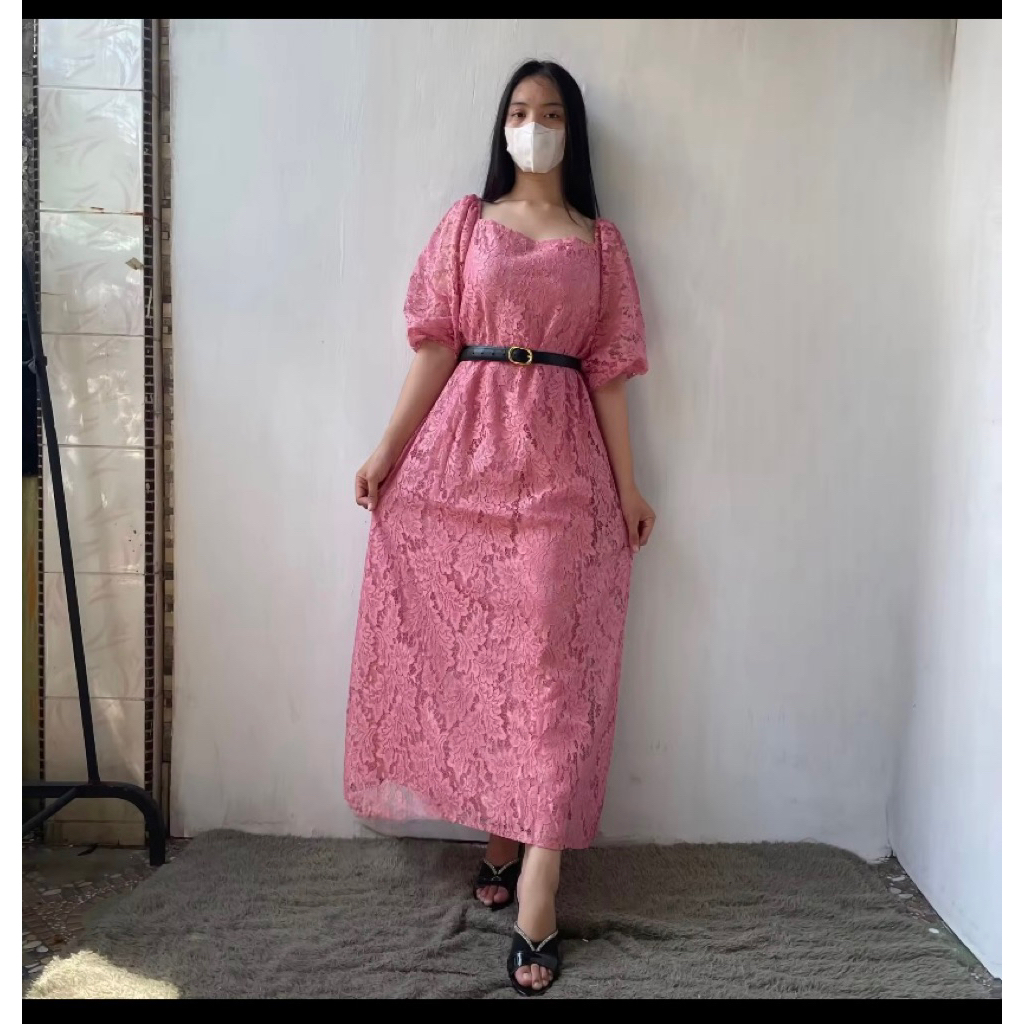 Minji Midi Dress Brokat Pesta Elegant Dress Sabrina Gaya Korean Style Dress Cantik Kekinian Brukat N