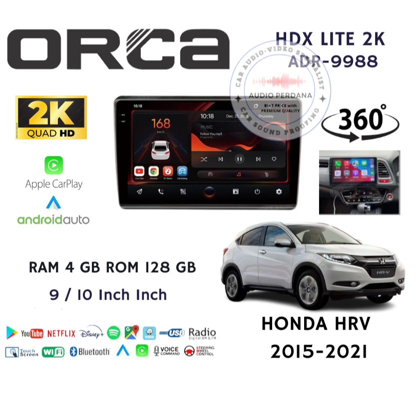 Headunit Android Carplay ORCA HDX LITE 2K Series HONDA HRV Prestige / Non Prestige 2015-2021 9 / 10 