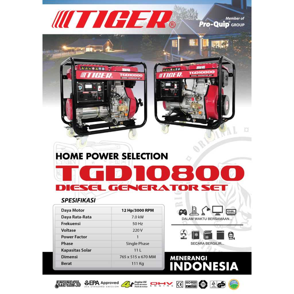 Genset Listrik 7000W DIESEL TIGER TGD10800 SOLAR 7kW 7.0Kw / Power Generator Genset 7000Watt Solar G