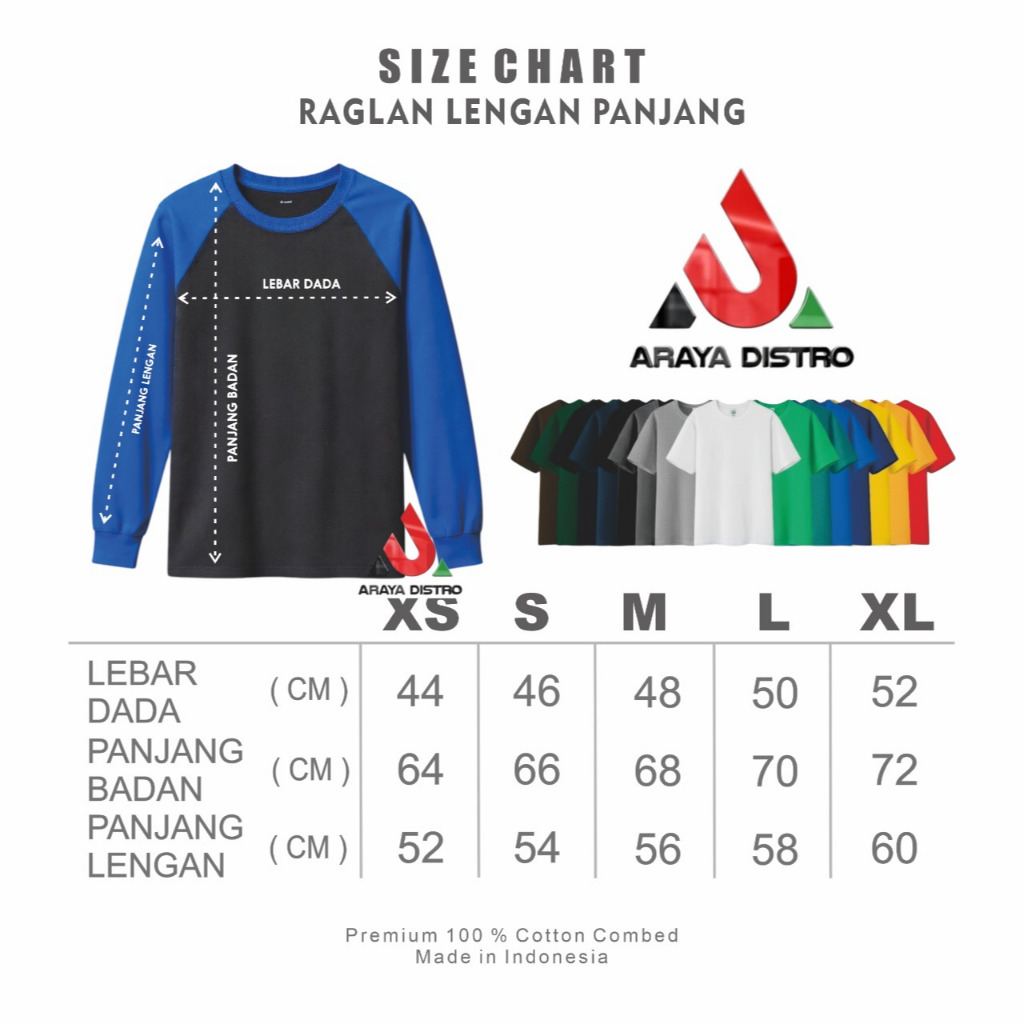ARAYA kaos polos RAGLAN/cotton combed 24s/dewasa/lengan 3/4