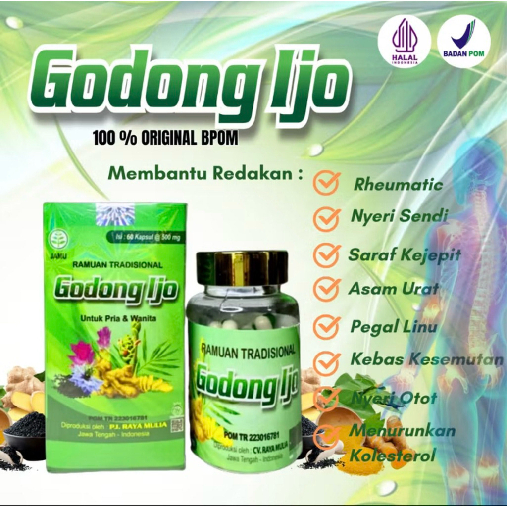 Godong Ijo Kapsul Original BPOM Obat Syaraf Kejepit Herbal Asam Urat Nyeri Sendi Pegal Linu Rematik