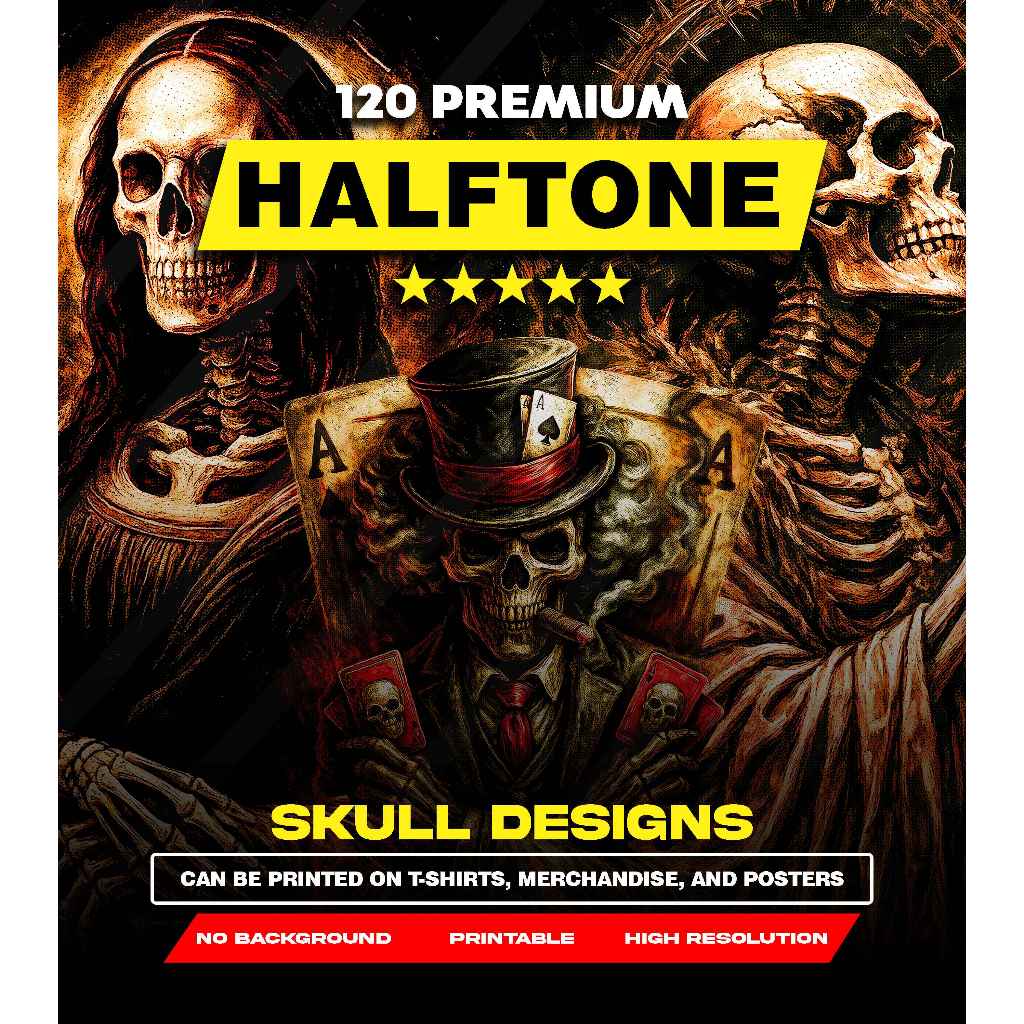 120 Desain Kaos Skull / Tengkorak Halftone PNG High Detail – Streetwear Kaos Hitam – Siap Produksi D