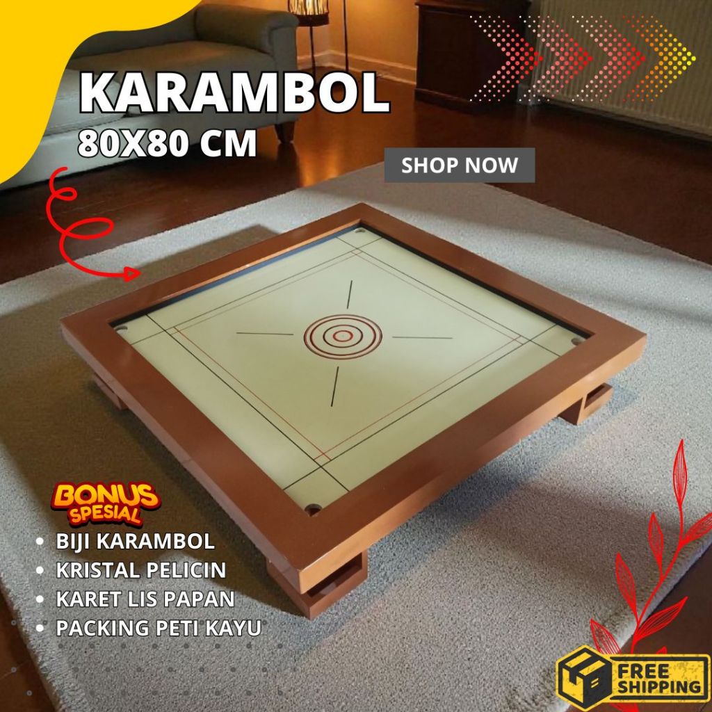 Karambol Kayu Meranti Ukuran Mini 80x80 Satu Set Lengkap Warna Kombinasi