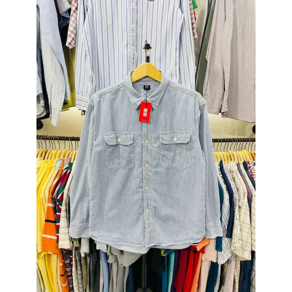 kemeja luaran/workshirt hickory uniqlo double pocket salur biru ( L )