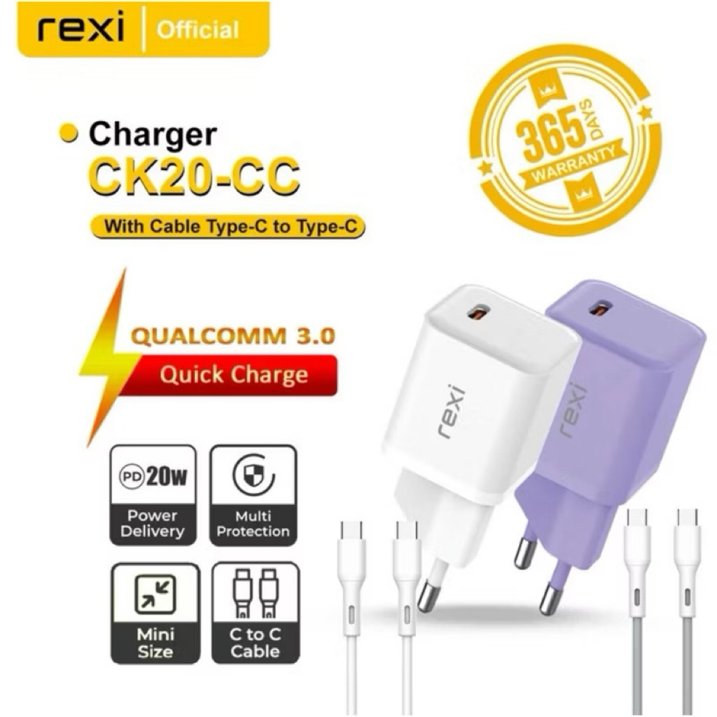 Rexi CK20-CC Travel Charger USB-C PD20W With 1M Cable Type-C to Type-C Fast Charger