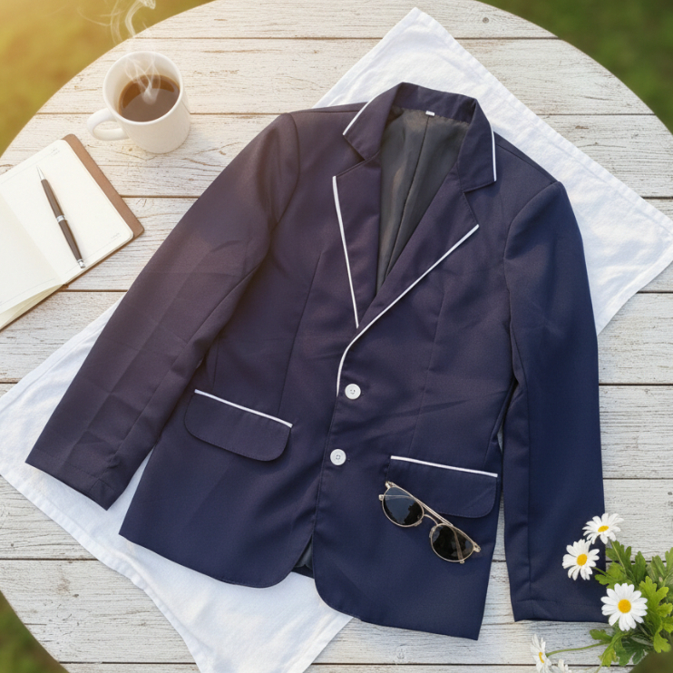 Jas Navy List Putih Setengah Pria – Wanita, Blazer Formal Sekolah Wisuda Perpisahan Elegan