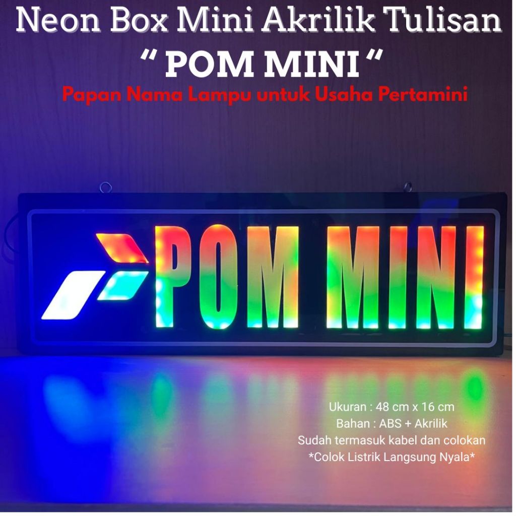 Neon Box Mini Akrilik Tulisan “ POM MINI “ Lampu Gradasi/ Lampu LED Nyala Terang