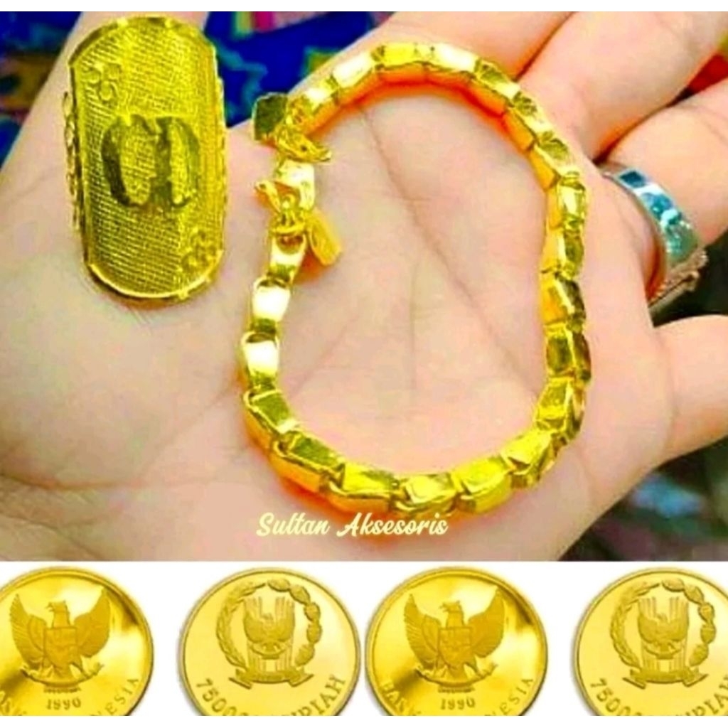 Gelang padi besar emas 24k gratis cincin 1 suku bahan koin logam asli 1991 1992