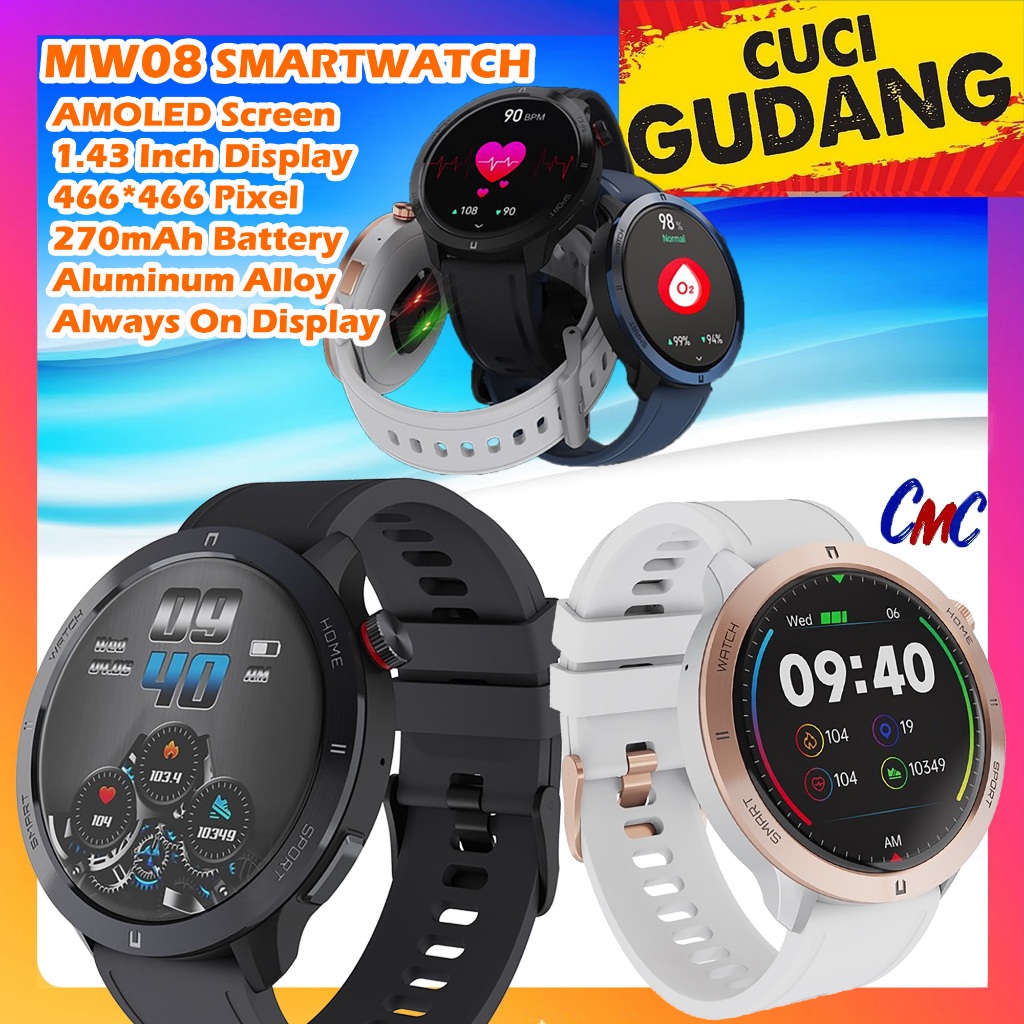 MW08 Smartwatch AMOLED Layar AMOLED 1,43 Inci Always On Display Smartwatch Pria Wanita MW08 1.43 Inc