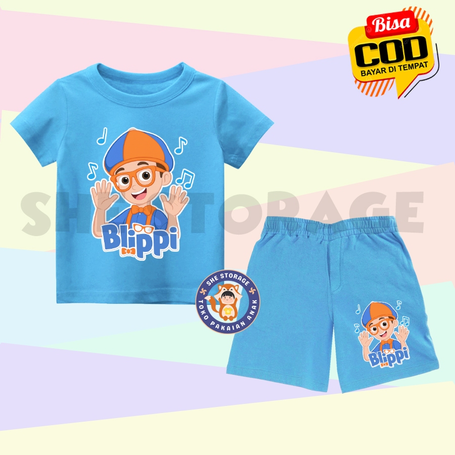 SETELAN ANAK KARAKTER BLIPPI ONE SET SETELAN KAOS CELANA PENDEK ANAK