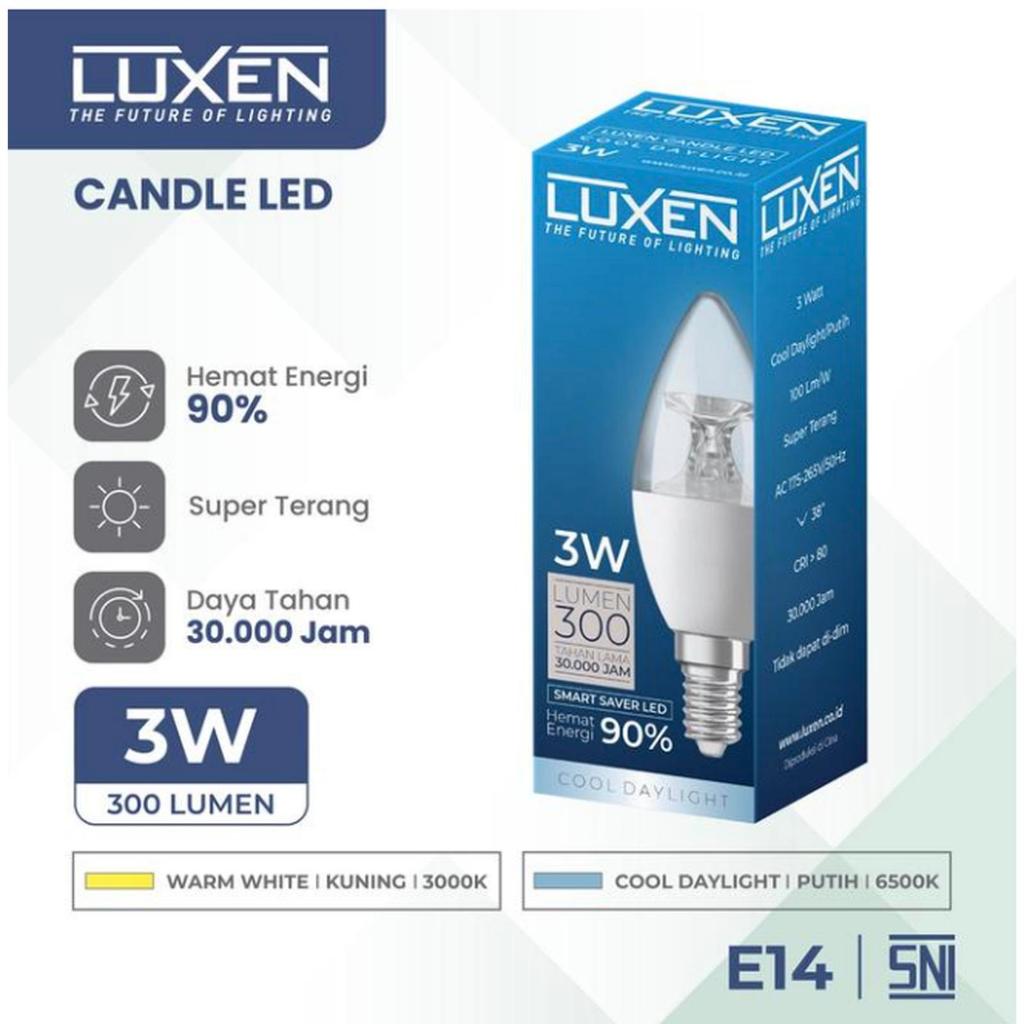 LAMPU LED CANDLE CLEAR LUXEN 5W FITTING KECIL E14 CRYSTAL PUTIH DAN KUNING