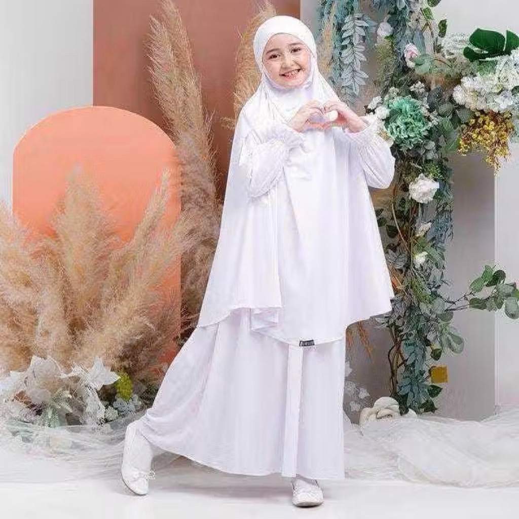 GAMIS ANAK SET KHIMAR JERSEY 5-12 TAHUN PUTIH