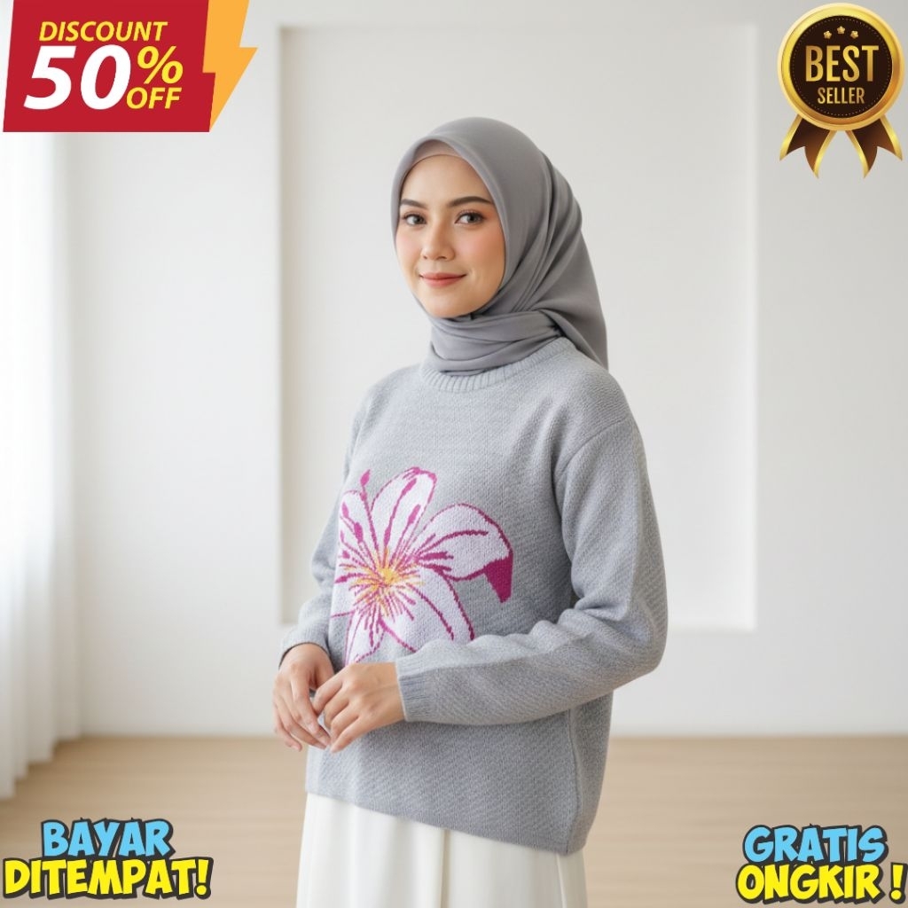 Sweater Rajut Wanita Motif Lily, Atasan Rajut Premium Bunga Lily Oversize